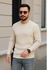 Erkek Fitilli Triko Kazak 3'lü Set Bej Gri Siyah Bisiklet Yaka Regular Fit