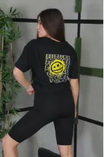 Kadın Bisiklet Yaka Baskılı Kısa kol Oversize T-Shirt - Siyah Kadın Bisiklet Yaka Baskılı Kısa kol Oversize T-Shirt - Siyah