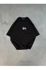 kadın Bisiklet Yaka Baskılı Oversize Kısa kol T-Shirt - Siyah kadın Bisiklet Yaka Baskılı Oversize Kısa kol T-Shirt - Siyah