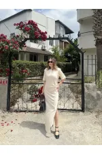 Kadın Kısa Kollu Uzun Yandan Yırtmaçlı Elbise - Bej