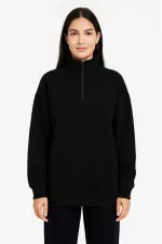 Kadın 3 İplik Pamuklu Dık Yaka Yarım Fermuarlı SweatShirt - Siyah Kadın 3 İplik Pamuklu Dık Yaka Yarım Fermuarlı SweatShirt - Siyah