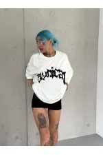 kadın Bisiklet Yaka Baskılı Oversize Kısa kol T-Shirt - Beyaz kadın Bisiklet Yaka Baskılı Oversize Kısa kol T-Shirt - Beyaz