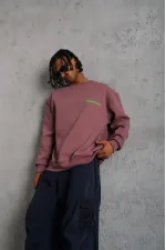 Erkek Bisiklet Yaka Baskılı 3 iplik pamuklu Sweatshirt - Gül Kurusu