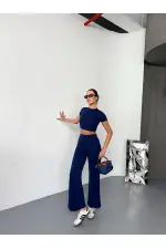 Kadın Modal Yumuşak Kumaş Crop Üst İspanyol Paça İkili Takım - Lacivert Kadın Modal Yumuşak Kumaş Crop Üst İspanyol Paça İkili Takım - Lacivert