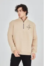 Erkek Yarım Fermuarlı Baskılı 3 iplik pamuklu sweatshirt - Bej