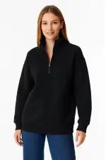 Kadın 3 İplik Pamuklu Dık Yaka Yarım Fermuarlı SweatShirt - Siyah Kadın 3 İplik Pamuklu Dık Yaka Yarım Fermuarlı SweatShirt - Siyah