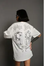 kadın Bisiklet Yaka Baskılı Oversize Kısa kol T-Shirt - Beyaz kadın Bisiklet Yaka Baskılı Oversize Kısa kol T-Shirt - Beyaz