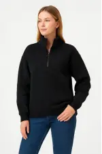 Kadın 3 İplik Pamuklu Dık Yaka Yarım Fermuarlı SweatShirt - Siyah Kadın 3 İplik Pamuklu Dık Yaka Yarım Fermuarlı SweatShirt - Siyah