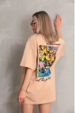 kadın Bisiklet Yaka Baskılı Oversize Kısa kol T-Shirt - Bej kadın Bisiklet Yaka Baskılı Oversize Kısa kol T-Shirt - Bej