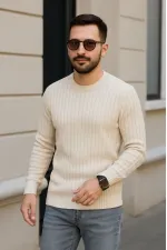 Erkek Fitilli Triko Kazak 2’li Set Bej Beyaz Kalın Dokuma Pamuklu Regular Fit Bisiklet Erkek Fitilli Triko Kazak 2’li Set Bej Beyaz Kalın Dokuma Pamuklu Regular Fit Bisiklet