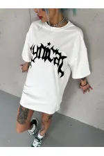 kadın Bisiklet Yaka Baskılı Oversize Kısa kol T-Shirt - Beyaz kadın Bisiklet Yaka Baskılı Oversize Kısa kol T-Shirt - Beyaz