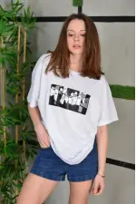 Kadın Bisiklet Yaka Baskılı Kısa kol Oversize T-Shirt - Beyaz Kadın Bisiklet Yaka Baskılı Kısa kol Oversize T-Shirt - Beyaz