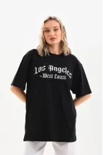 Kadın Baskılı Tişört Kısa Kol Bisiklet Yaka Oversize T-Shirt - Siyah Kadın Baskılı Tişört Kısa Kol Bisiklet Yaka Oversize T-Shirt - Siyah