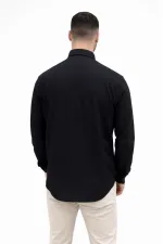 Erkek KETEN Kumaş Uzun Kollu Regular Fit Gömlek - Siyah Erkek KETEN Kumaş Uzun Kollu Regular Fit Gömlek - Siyah