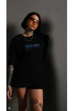 kadın Bisiklet Yaka Baskılı Oversize Kısa kol T-Shirt - Siyah kadın Bisiklet Yaka Baskılı Oversize Kısa kol T-Shirt - Siyah