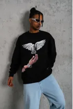 Erkek Güvercin Baskılı 3 iplik Bisiklet Yaka ipamuklu Sweatshirt - Siyah Erkek Güvercin Baskılı 3 iplik Bisiklet Yaka ipamuklu Sweatshirt - Siyah