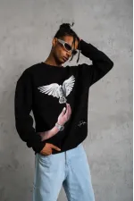 Erkek Güvercin Baskılı 3 iplik Bisiklet Yaka ipamuklu Sweatshirt - Siyah Erkek Güvercin Baskılı 3 iplik Bisiklet Yaka ipamuklu Sweatshirt - Siyah