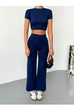 Kadın Modal Yumuşak Kumaş Crop Üst İspanyol Paça İkili Takım - Lacivert Kadın Modal Yumuşak Kumaş Crop Üst İspanyol Paça İkili Takım - Lacivert