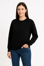 Kadın 3 İplik Pamuklu Düz Bisiklet Yaka SweatShirt - Siyah Kadın 3 İplik Pamuklu Düz Bisiklet Yaka SweatShirt - Siyah