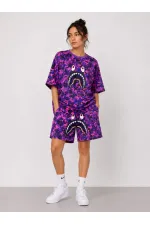 Kadın Oversize Kalıp Pubg Bape X Shark Nakışlı Cepli Şort Takım - Mor