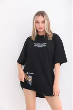 kadın Bisiklet Yaka Baskılı Oversize T-Shirt - Siyah kadın Bisiklet Yaka Baskılı Oversize T-Shirt - Siyah