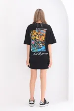 kadın Bisiklet Yaka Baskılı Oversize T-Shirt - Siyah kadın Bisiklet Yaka Baskılı Oversize T-Shirt - Siyah