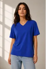 Kadın V Yaka Basic Tişört Kısa Kol Yazlık Regular Fit T-Shirt - Saks Mavisi Kadın V Yaka Basic Tişört Kısa Kol Yazlık Regular Fit T-Shirt - Saks Mavisi