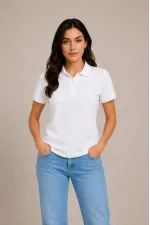 Kadın Polo Yaka Pike Kumaş Düğmeli Basic Tişört Günlük Rahat - Beyaz Kadın Polo Yaka Pike Kumaş Düğmeli Basic Tişört Günlük Rahat - Beyaz
