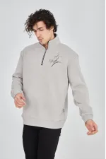Erkek Yarım Fermuarlı Baskılı 3 iplik pamuklu sweatshirt - Boyalı Gri