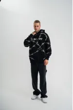 ERKEK Kapüşonlu Varak ve Pano Baskılı Hoodie  SweatShirt- Siyah