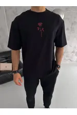 Erkek Bisiklet Yaka Baskılı Oversize Kısa kol T-Shirt - Siyah Erkek Bisiklet Yaka Baskılı Oversize Kısa kol T-Shirt - Siyah