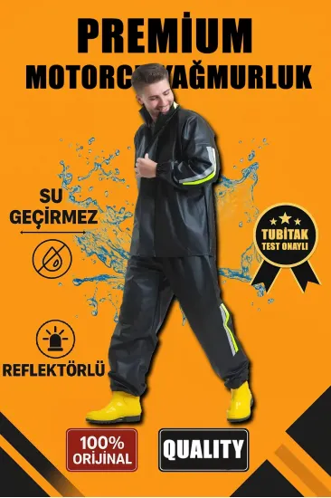 Erkek Premium Motorcu Kurye Yağmurluk Takım Su Geçirmez PVC Kumaş Reflektörlü - Siyah Erkek Premium Motorcu Kurye Yağmurluk Takım Su Geçirmez PVC Kumaş Reflektörlü - Siyah