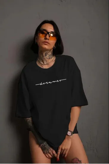 Kadın Bisiklet Yaka Baskılı kısa kol T-Shirt - Siyah Kadın Bisiklet Yaka Baskılı kısa kol T-Shirt - Siyah