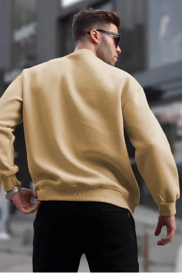 Erkek Düz Bisiklet Yaka 3 iplik pamuklu Sweatshirt - Bej Erkek Düz Bisiklet Yaka 3 iplik pamuklu Sweatshirt - Bej