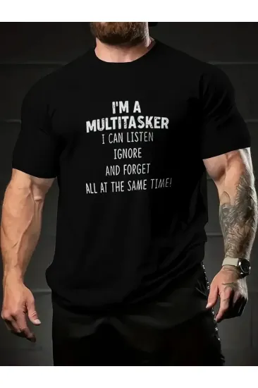 Erkek T-shirt Komik 'Multitasker' Baskılı Kısa kol Tişört - Siyah Erkek T-shirt Komik 'Multitasker' Baskılı Kısa kol Tişört - Siyah