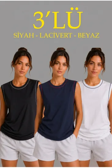 Kadın 3’lü Kolsuz Sporcu Atlet Seti Yazlık Bisiklet Yaka - Siyah, Lacivert, Beyaz Kadın 3’lü Kolsuz Sporcu Atlet Seti Yazlık Bisiklet Yaka - Siyah, Lacivert, Beyaz