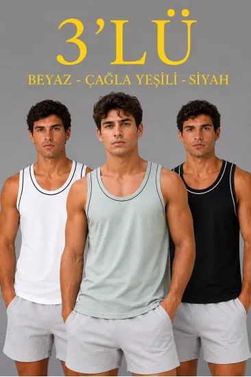 Erkek 3’lü Kolsuz Sporcu Atlet Seti Yazlık Bisiklet Yakalı - Mint Yeşili, Siyah, Beyaz Erkek 3’lü Kolsuz Sporcu Atlet Seti Yazlık Bisiklet Yakalı - Mint Yeşili, Siyah, Beyaz
