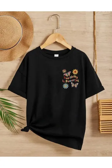 Kız Çocuk Bisiklet Yaka Baskılı T-Shirt - Siyah Kız Çocuk Bisiklet Yaka Baskılı T-Shirt - Siyah