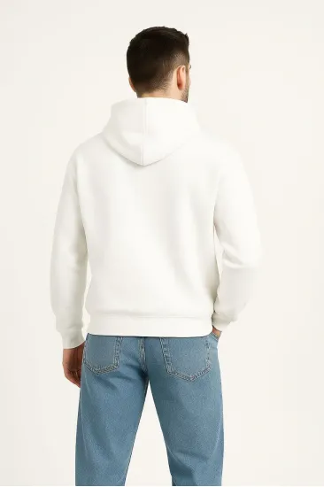 Erkek Kapüşonlu 3 İplik Şardonlu Önü Baskılı Fermuarlı Oversize Sweatshirt - Beyaz Erkek Kapüşonlu 3 İplik Şardonlu Önü Baskılı Fermuarlı Oversize Sweatshirt - Beyaz