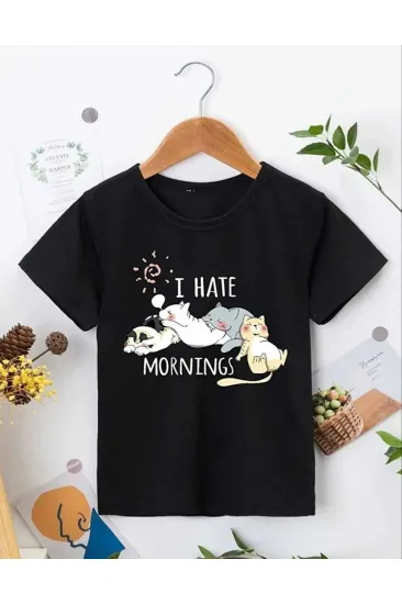 Kız Çocuk Bisiklet Yaka Baskılı T-Shirt - Siyah Kız Çocuk Bisiklet Yaka Baskılı T-Shirt - Siyah