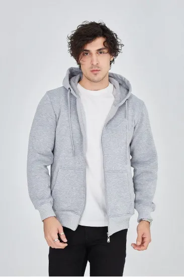 Erkek 3 İplik Pamuklu Fermuarlı Kapüşonlu Kanguru Cepli Hoodie Hırka Sweatshirt - Gri Erkek 3 İplik Pamuklu Fermuarlı Kapüşonlu Kanguru Cepli Hoodie Hırka Sweatshirt - Gri