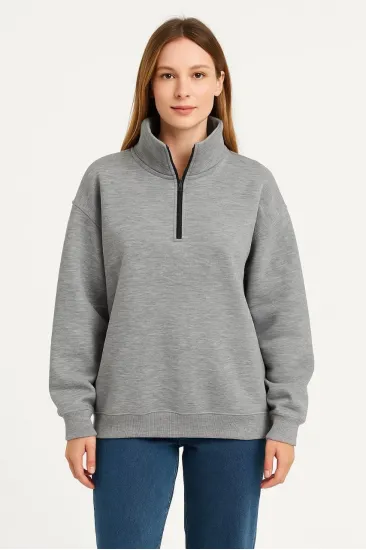 Kadın 3 İplik Pamuklu Dık Yaka Yarım Fermuarlı SweatShirt - Gri