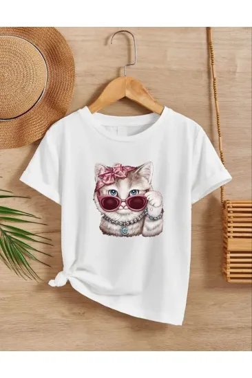 Kız Çocuk Bisiklet Yaka Baskılı T-Shirt - Beyaz Kız Çocuk Bisiklet Yaka Baskılı T-Shirt - Beyaz