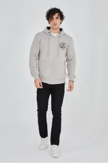 Erkek 3 İplik Pamuklu Fermuarlı Kapüşonlu Kanguru Cepli Hoodie - Boyalı Gri Erkek 3 İplik Pamuklu Fermuarlı Kapüşonlu Kanguru Cepli Hoodie - Boyalı Gri