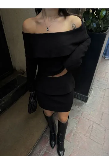 Kadın Straplez , Madonna , Carmen Yaka Croplu Mini Etekli ikili Alt-Üst Takım Triko - Siyah Kadın Straplez , Madonna , Carmen Yaka Croplu Mini Etekli ikili Alt-Üst Takım Triko - Siyah