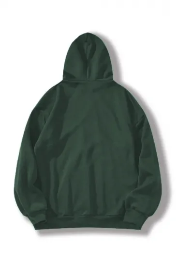 Erkek 3 İplik Pamuklu Kapüşonlu Kanguru Cepli Sweatshirt Hoodie -  Koyu Yeşil