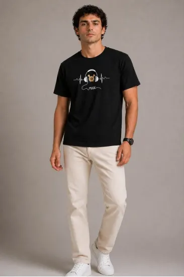 Erkek Müzik Temalı Baskılı Tişört Bisiklet Yaka Kısa Kol T-Shirt - Siyah Erkek Müzik Temalı Baskılı Tişört Bisiklet Yaka Kısa Kol T-Shirt - Siyah