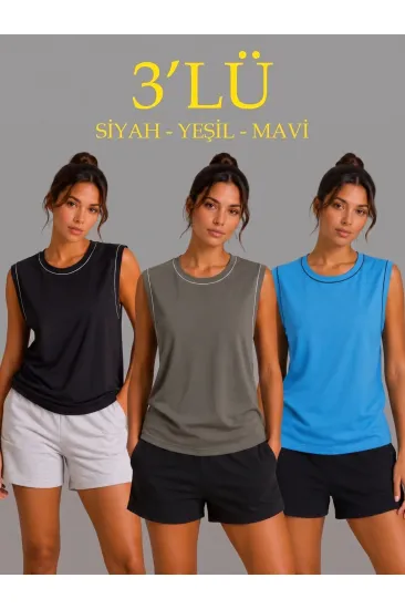 Kadın 3’lü Kolsuz Sporcu Atlet Seti Yazlık Bisiklet Yaka - Siyah, Haki, Mavi Kadın 3’lü Kolsuz Sporcu Atlet Seti Yazlık Bisiklet Yaka - Siyah, Haki, Mavi