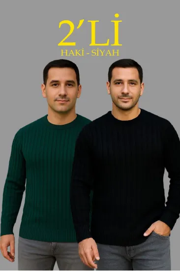 Erkek Fitilli Triko Kazak 2’li Set Siyah Haki Kalın Dokuma Pamuklu Regular Fit Bisiklet Erkek Fitilli Triko Kazak 2’li Set Siyah Haki Kalın Dokuma Pamuklu Regular Fit Bisiklet