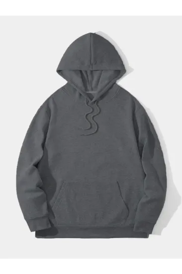 Erkek 3 İplik Pamuklu Kapüşonlu Kanguru Cepli Sweatshirt Hoodie - Füme Erkek 3 İplik Pamuklu Kapüşonlu Kanguru Cepli Sweatshirt Hoodie - Füme